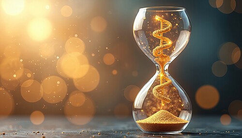 Hourglass intertwined with DNA helix on digital bokeh background symbolizes time and genetics relationship. Modern concept of life continuum and aging processes. Genetic research and pharma industry. Veränderungen der DNA-Reparaturmechanismen spielen eine Schlüsselrolle bei seltenen Erkrankungen wie dem Werner-Syndrom. Bild: Adobe Stock / Vadym, generiert mit KI