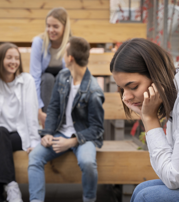 Eine Jugendliche wirkt belastet, während eine Gruppe Jugendlicher im Hintergrund lacht. Bild: Freepik