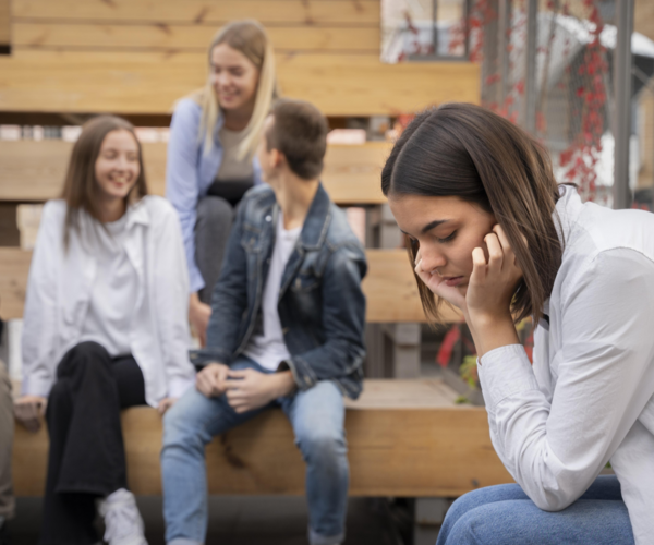 Une adolescente semble stressée tandis qu’un groupe de jeunes rit en arrière-plan. Photo: Freepik