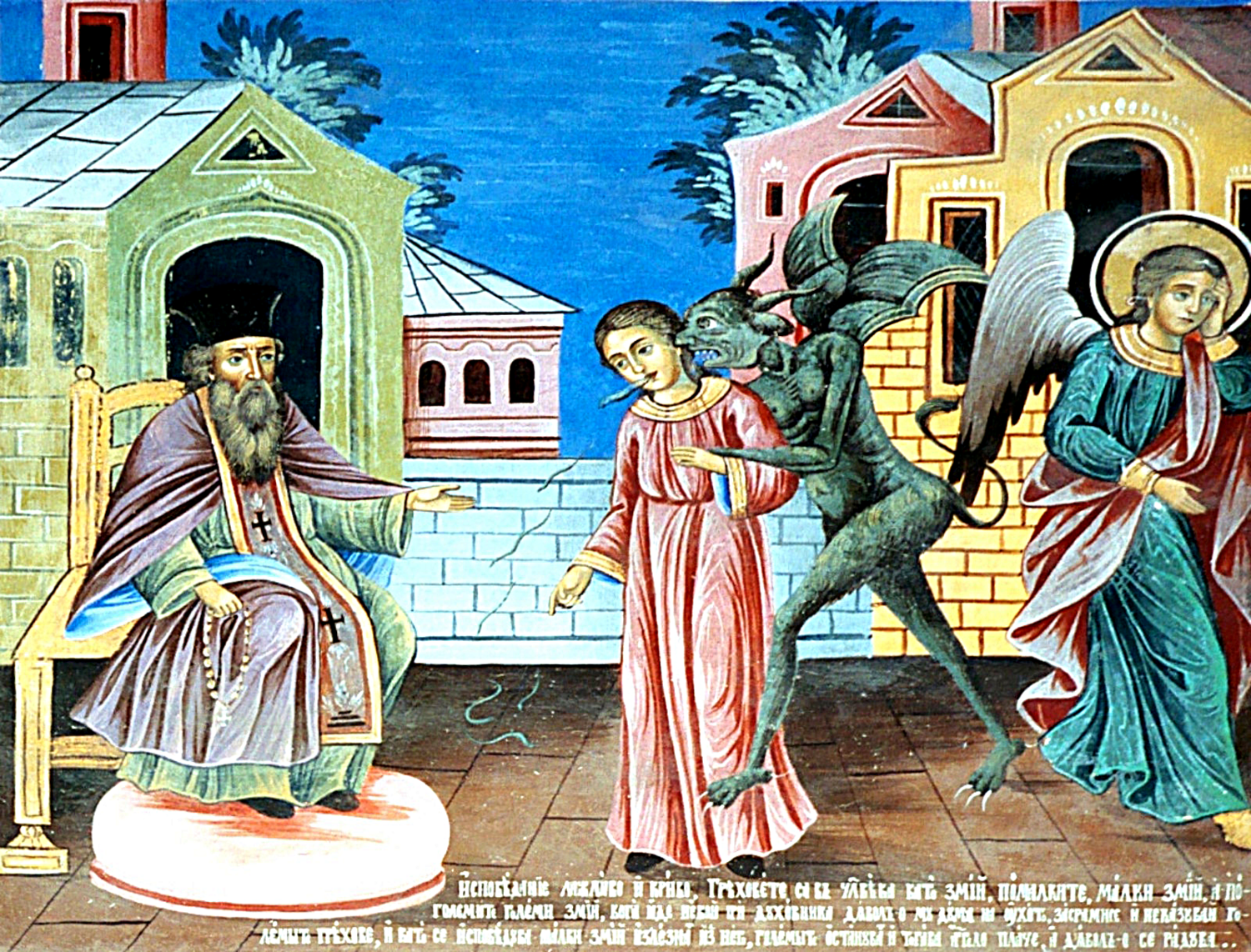 Der Teufel ergreift Besitz von einer jungen Frau. Wandmalerei im orthodoxen Kloster Rila, Bulgarien. Bild: Samuel Pfeifer