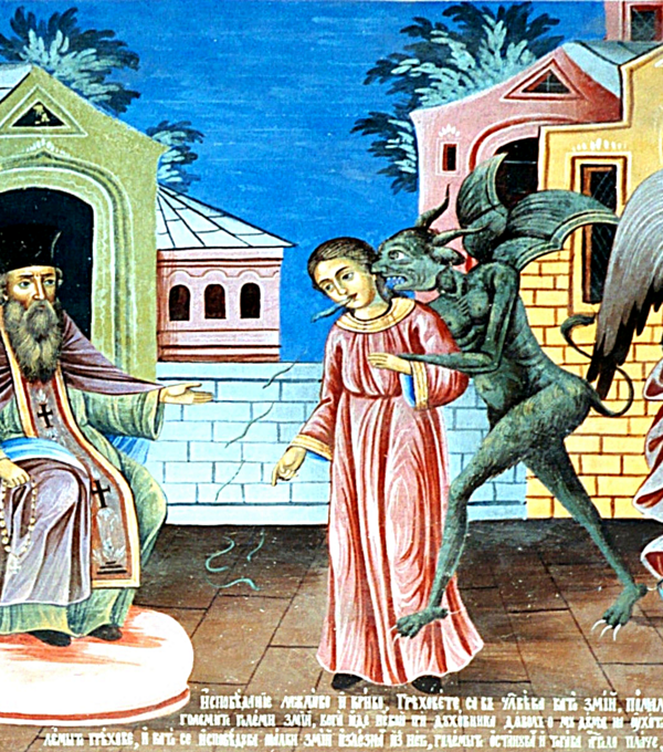 Der Teufel ergreift Besitz von einer jungen Frau. Wandmalerei im orthodoxen Kloster Rila, Bulgarien. Bild: Samuel Pfeifer
