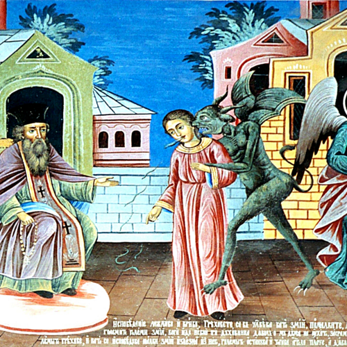 Der Teufel ergreift Besitz von einer jungen Frau. Wandmalerei im orthodoxen Kloster Rila, Bulgarien. Bild: Samuel Pfeifer