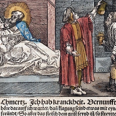 Médecine dans l’art: au chevet du malade, un saint guérisseur et un médecin, figure de la médecine expérimentale qui se développait à la Renaissance. Image: Gravure sur bois attribuée à Hans Holbein le Jeune, publiée dans Boèce, «De la consolation de la philosophie» (1537).