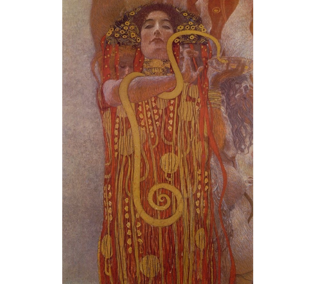 À l’autre extrémité du spectre historique – et source d’un vif conflit entre l’artiste et la faculté de médecine de Vienne – figure Hygieia, de Gustav Klimt (1894). Image: Gustav Klimt, via Wikimedia Commons