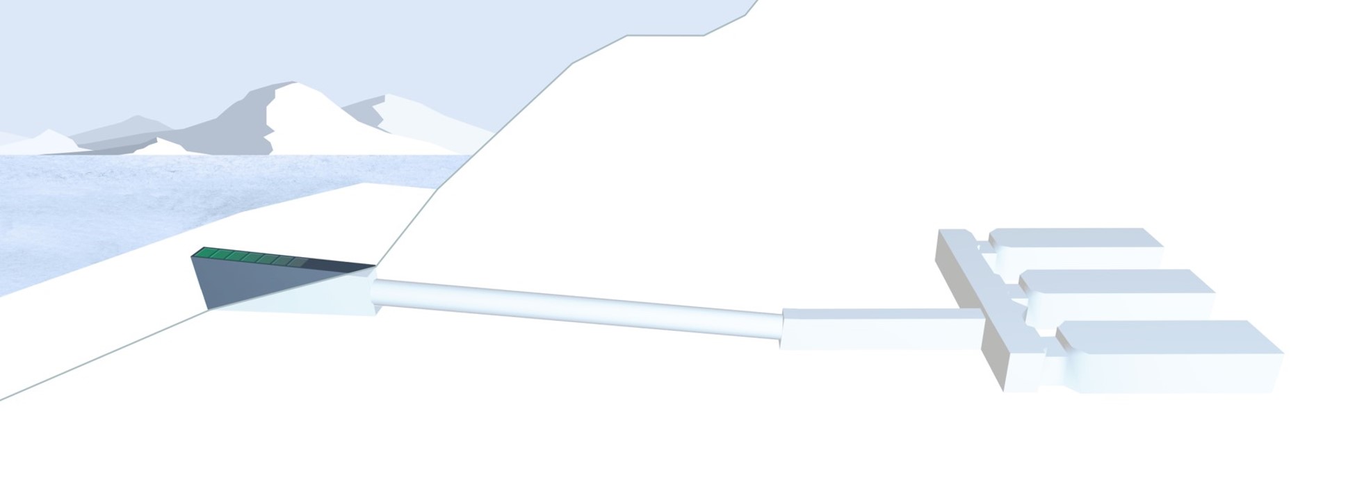 Abbildung 1. Der Bau des Svalbard Global Seed Vault umfasst das von aussen sichtbare Eingangsgebäude und einen langen Tunnel, der zur Vorhalle führt, die mit drei Saatgutkammern verbunden ist. Illustration: Norwegisches Ministerium für Landwirtschaft und Ernährung